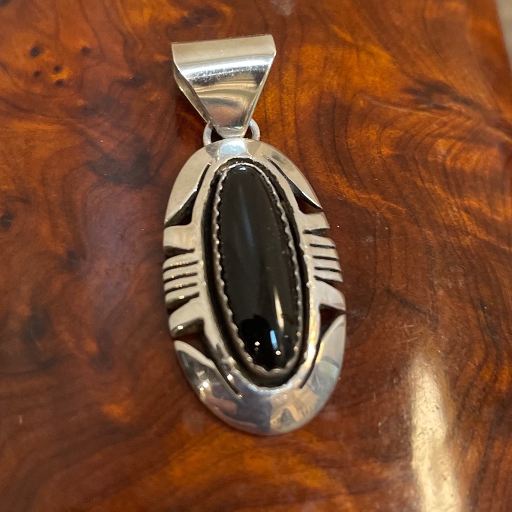 Lovely Sterling Silver and Onyx Shadow Box Pendant by Navajo Artist Bruce Wood